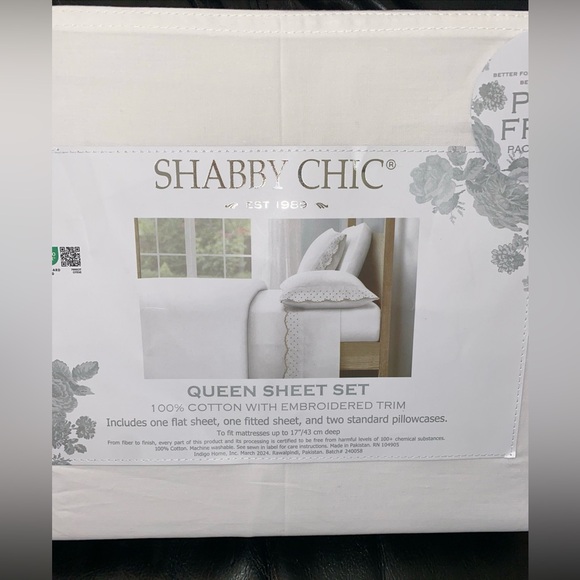 Shabby Chic White Cotton Enbroidered Scallop Dot Natural QUEEN Sheet Set 4pc - Picture 10 of 13